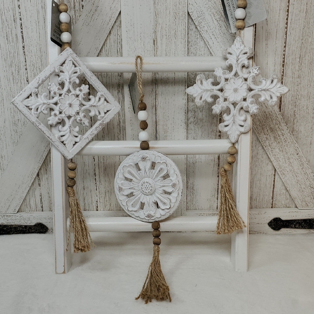 Shabby Chic White Carved Wood Decorative Wall Hangings with Tassels